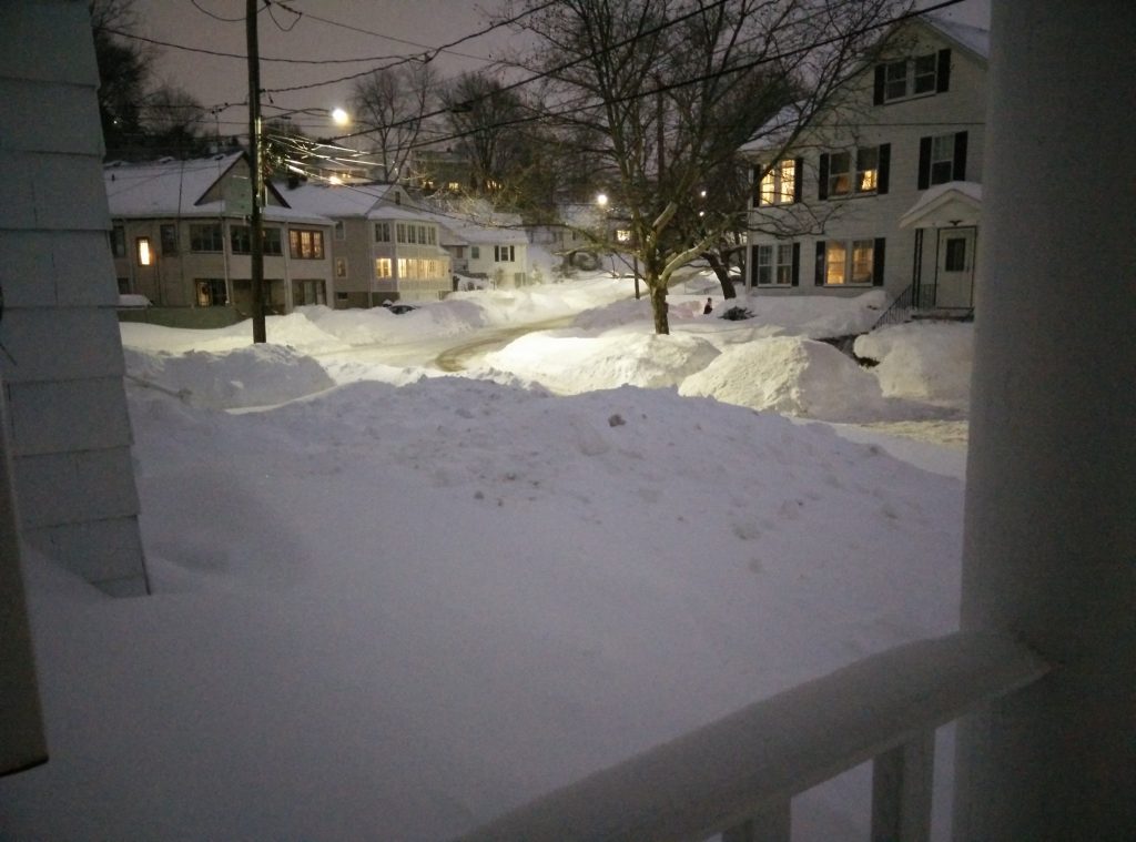 A residential street covered in snow.