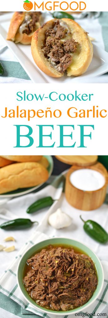 Slow Cooker Jalapeño Garlic Beef - This spicy beef goes great on sandwiches with horseradish mayo and cheese or over rice and veggies!