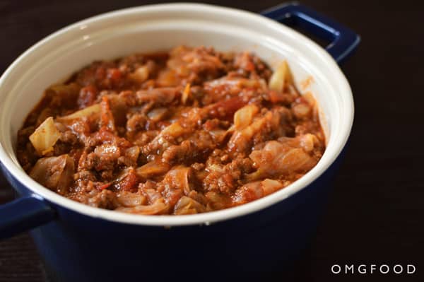 Unstuffed cabbage in a baking dish.