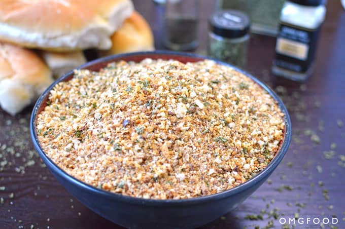 A closeup of bread crumbs in a bowl.