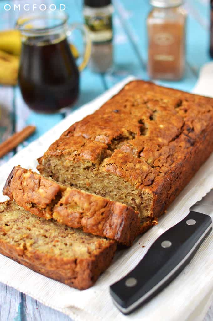 Sliced banana bread on a platter.