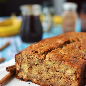 Closeup of cut banana bread.