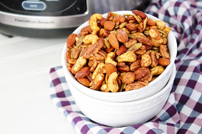 Closeup of nut trail mix in a bowl.