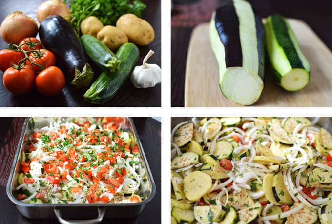 A collage of assorted vegetables being prepped for a baking dish.