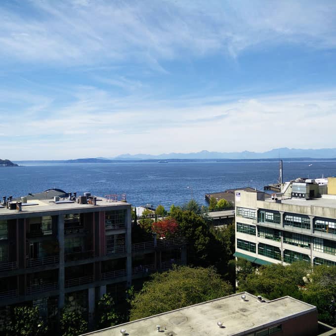 View of buildings with the ocean in the background.