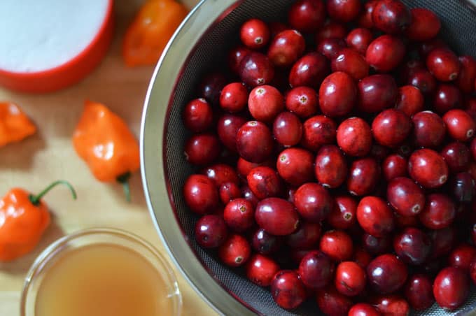 A closeup of cranberries in a mesh strainer.