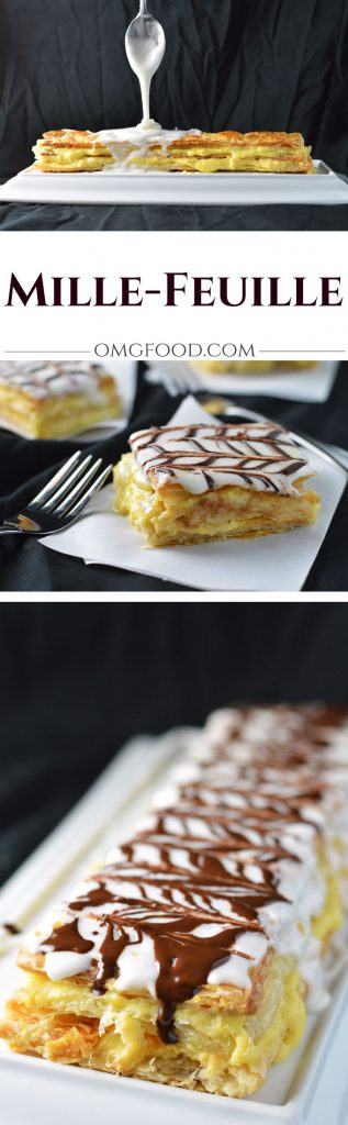 Mille-Feuille (Napoleon) - Flaky puff pastry with cream filling, topped with icing, and drizzled with dark chocolate. | omgfood.com