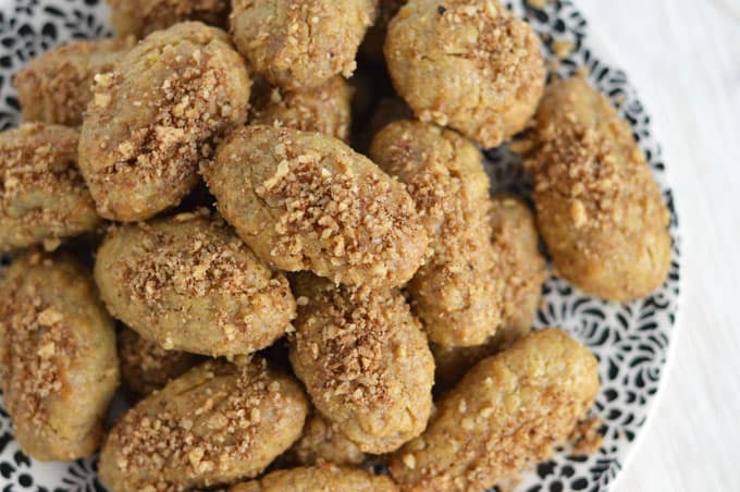 Closeup of cookies stacked on a plate.