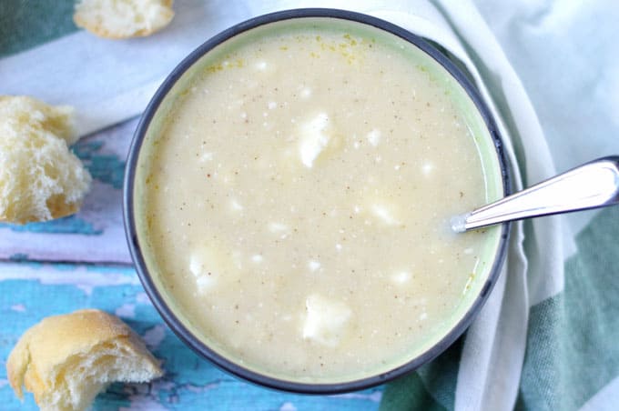 Closeup of soup in a bowl.