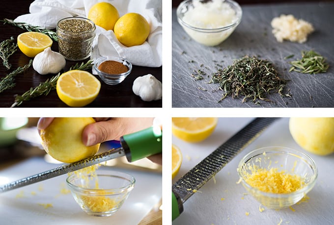 A collage of spices, herbs, and zested lemon.