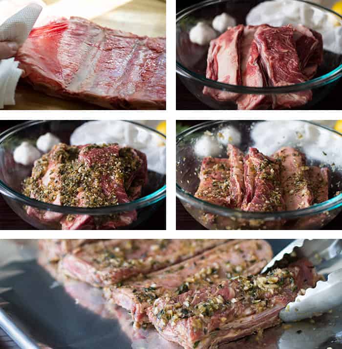 A collage of raw and seasoned beef ribs.