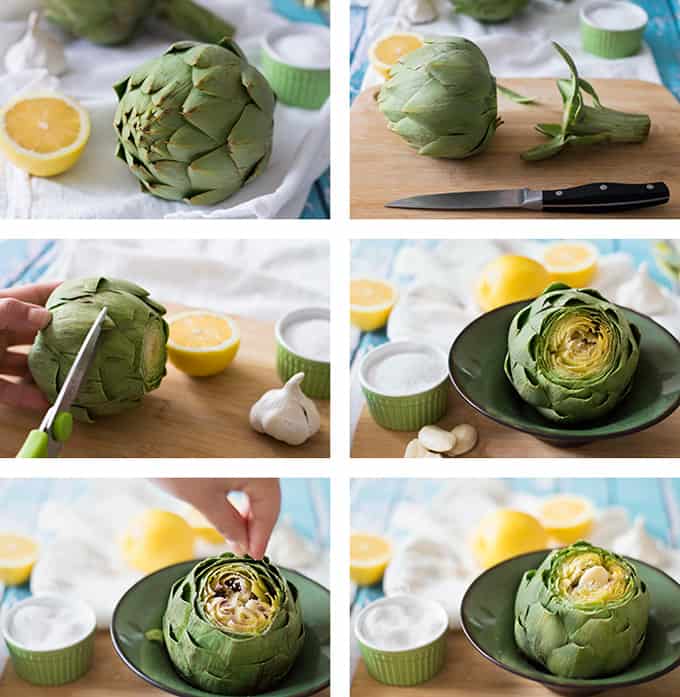 A collage of artichokes being prepped for cooking.