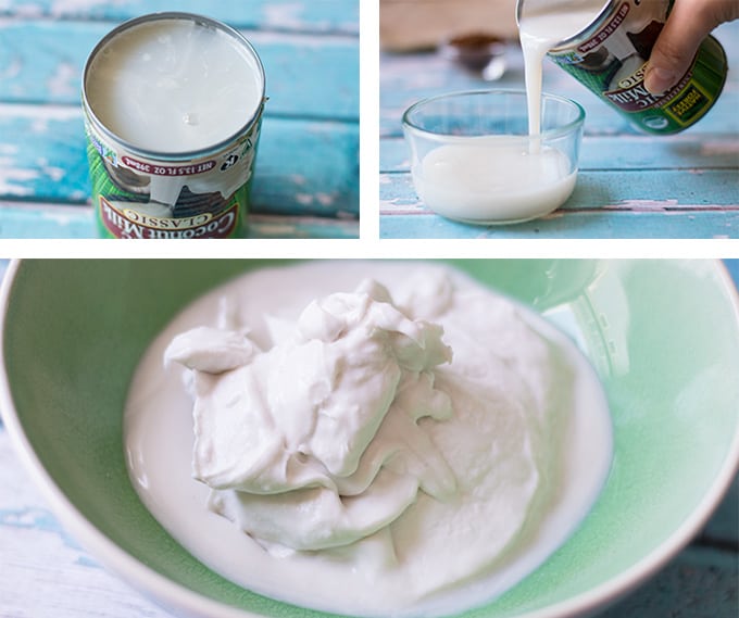 A collage of an opened can of coconut milk, coconut water being poured into a small glass bowl, and coconut cream in a ceramic bowl.