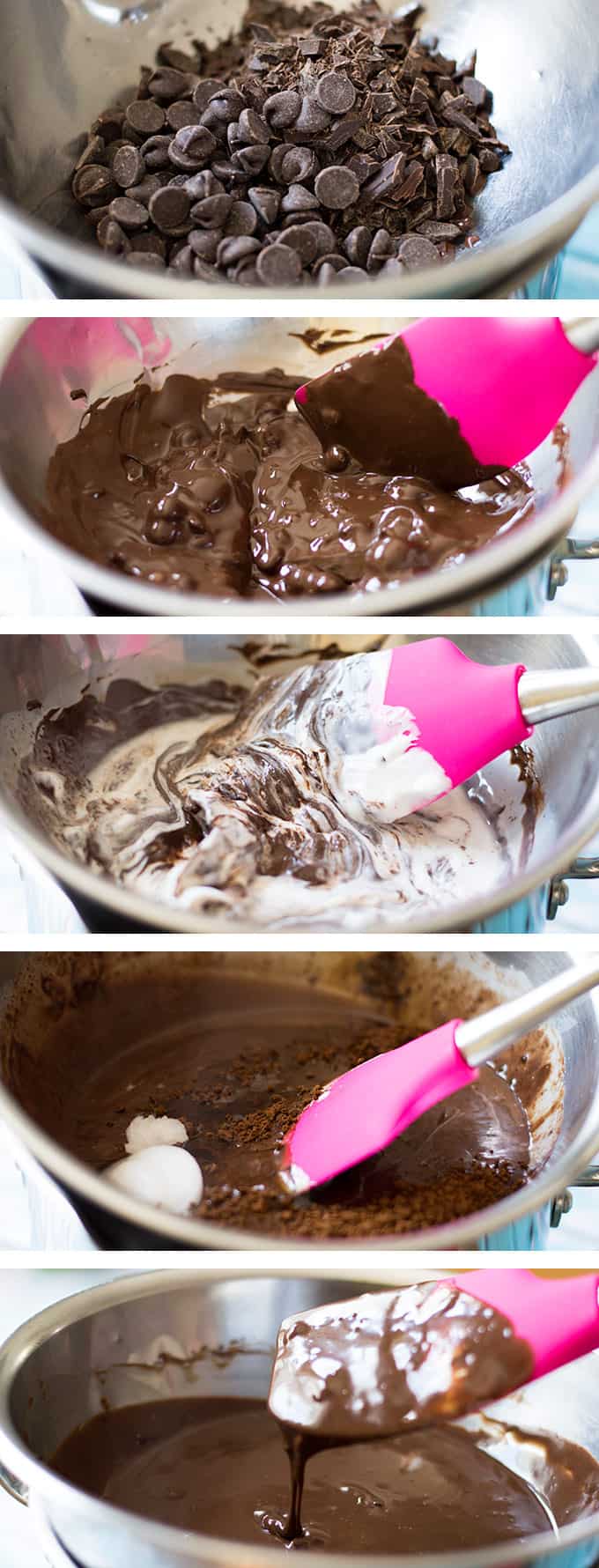 A collage of multiple photos of chocolate melting into a ganache.