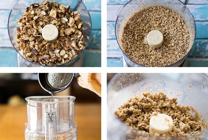 A collage of whole and ground nuts in a food processor, oil being poured into a food processor, and a nut pie crust mixture.