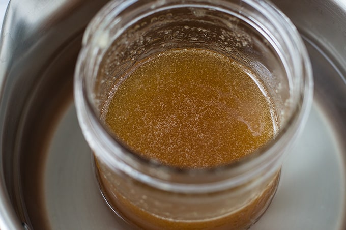 Close up of a jar of decrystallized honey.