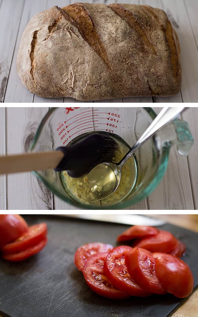 A collage of a loaf of bread, measuring glass with olive oil, and sliced tomatoes on a cutting board.