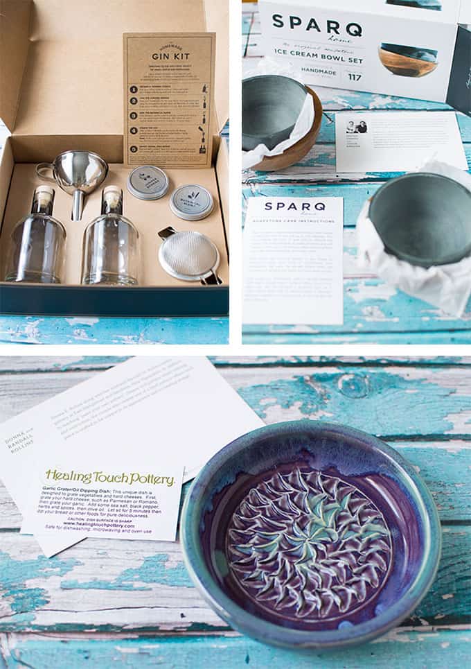 A gin-making kit, soapstone bowls, and a grater bowl on a tabletop.