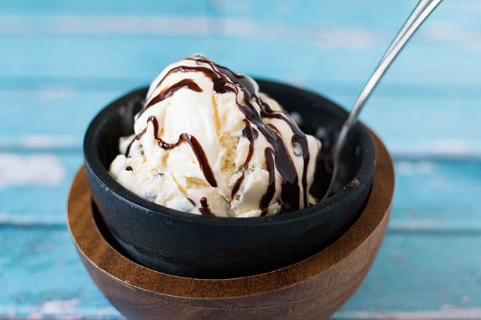 A close up of ice cream in a soapstone bowl.