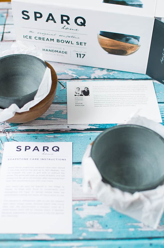 Soapstone ice cream bowls out of a package with care instructions.