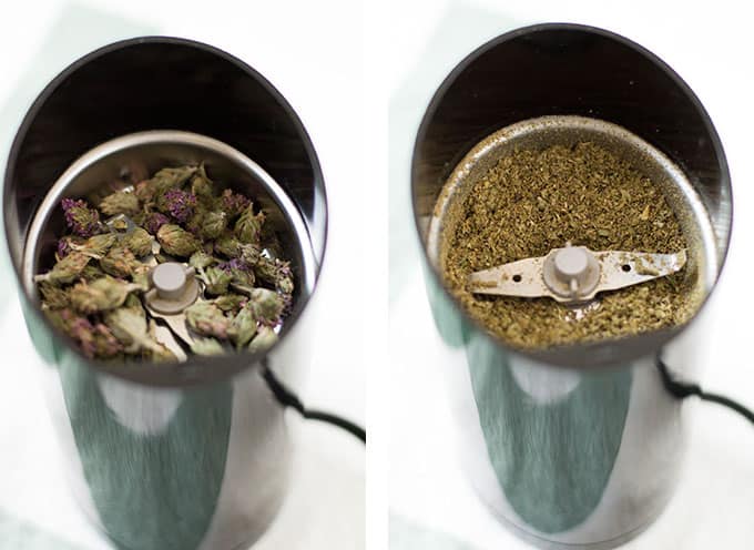 A collage of whole and ground thyme flowers in a spice grinder.
