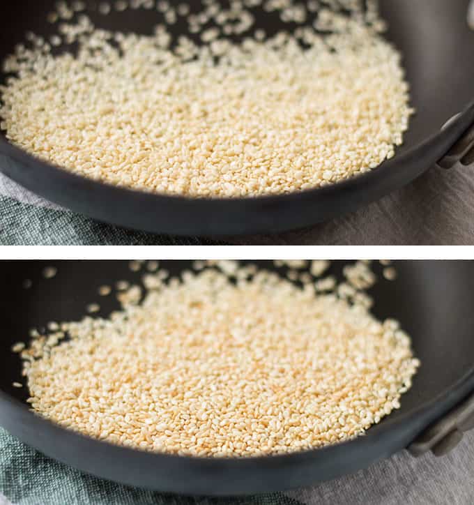 A collage of sesame seeds in a small skillet.