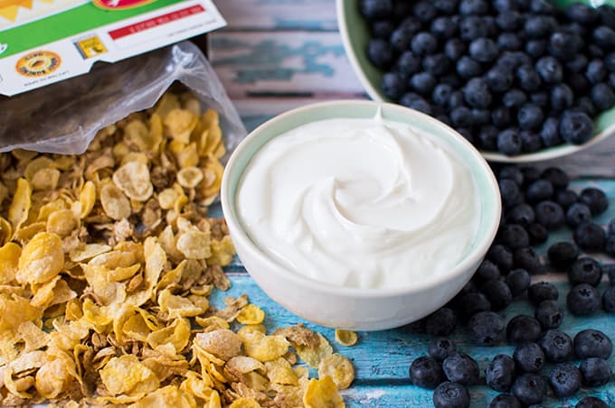 A bowl of yogurt surrounded by scattered cereal and blueberries on a tabletop.