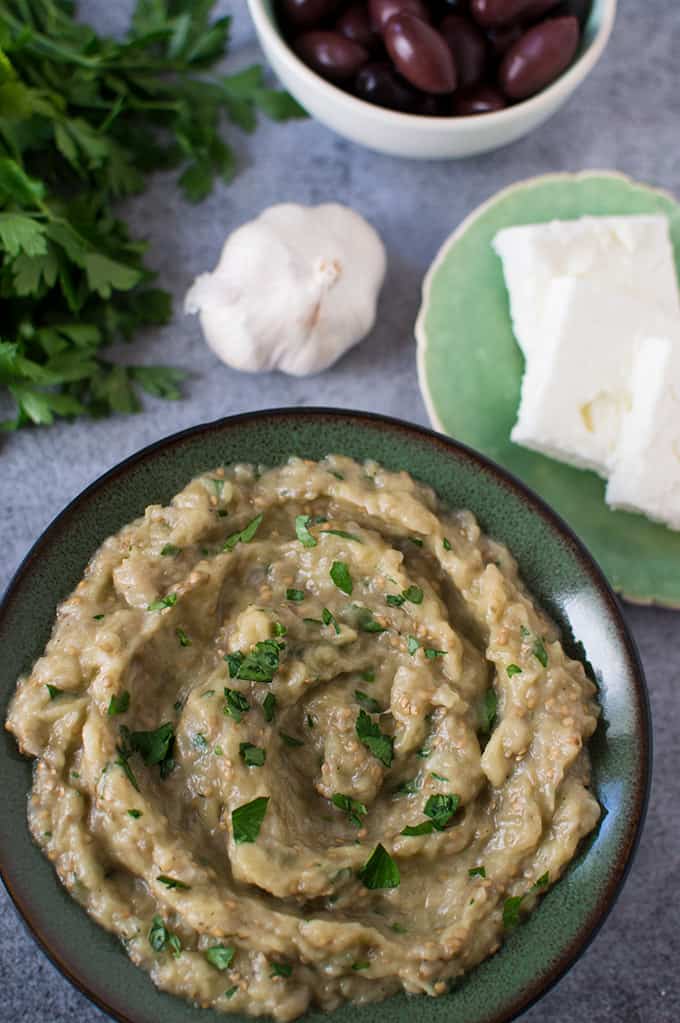 Close up of Greek eggplant dip in a bowl.