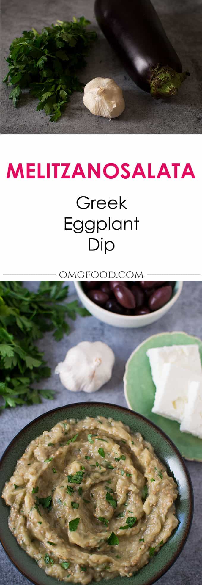 Pinterest banner for melitzanosalata (Greek eggplant dip).