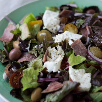 Closeup of buffalo mozzarella and salami salad on a plate.