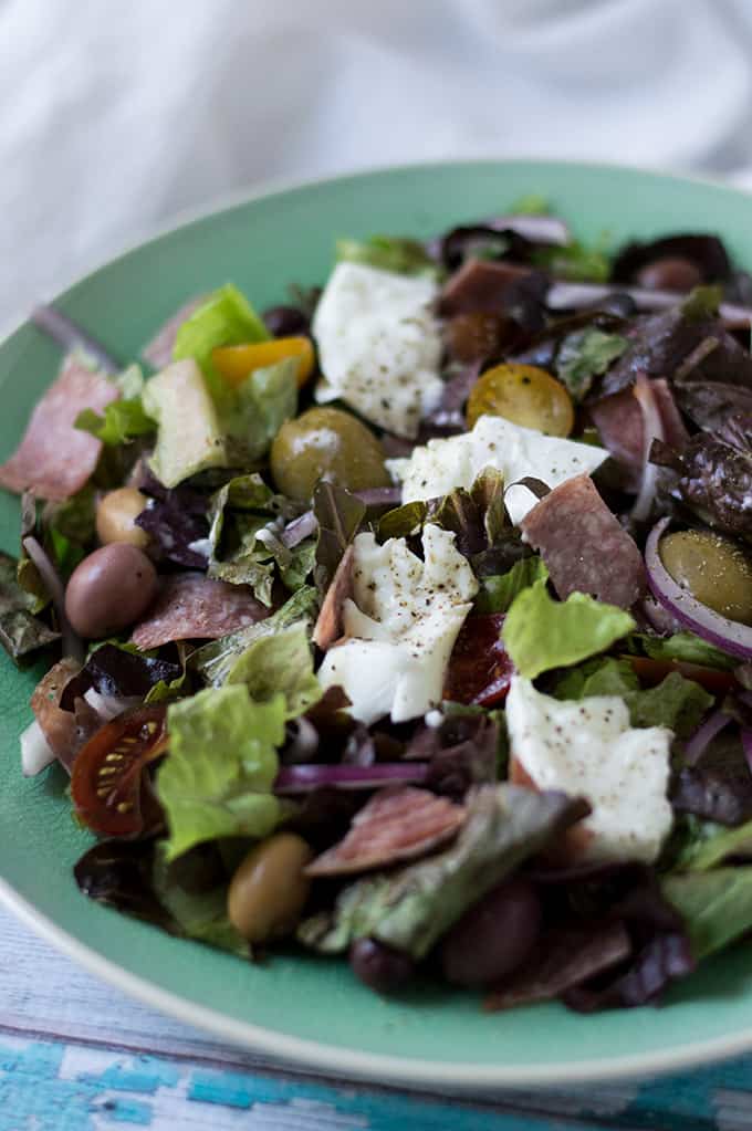 Closeup of buffalo mozzarella and salami salad on a plate.