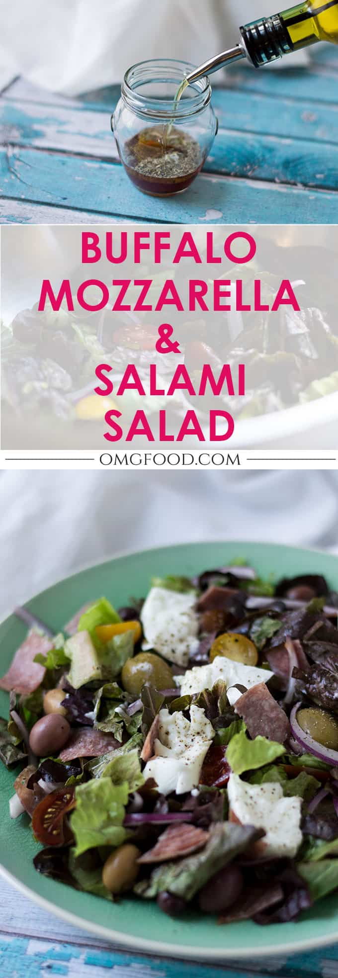 Pinterest banner for buffalo mozzarella and salami salad.