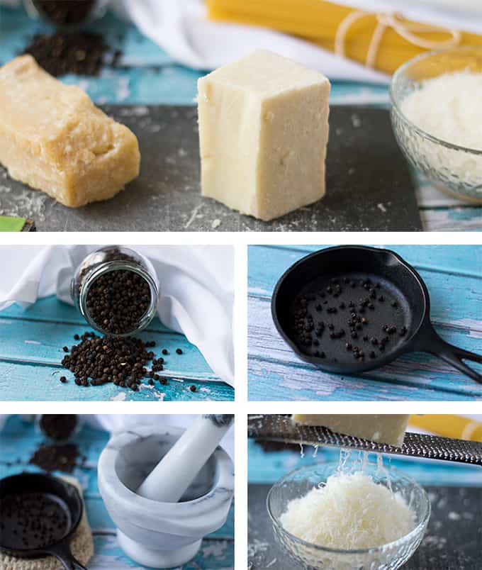 Collage of parmesan and romano cheese wedges, peppercorns, a mortar and pestle, and grated cheese.