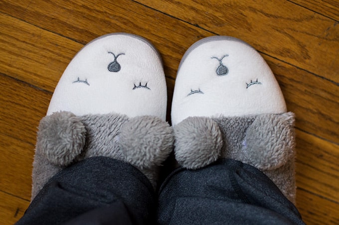 Close up of plushy animal slippers.