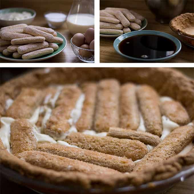 A collage of tiramisu pie being assembled.