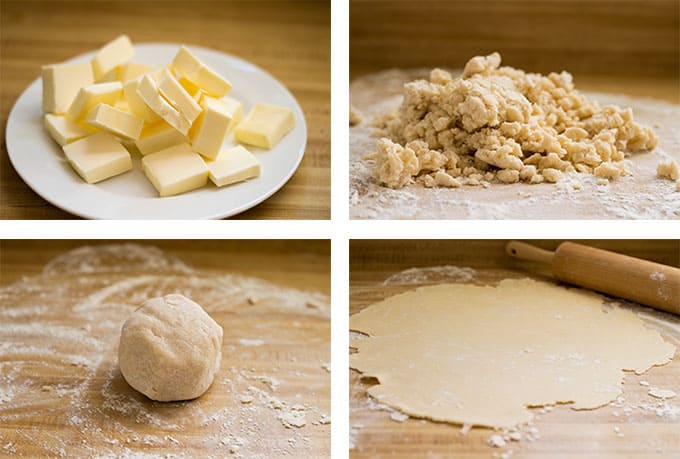 Collage of sliced butter, crumbled pie dough, a ball of pie dough, and rolled out pie dough.