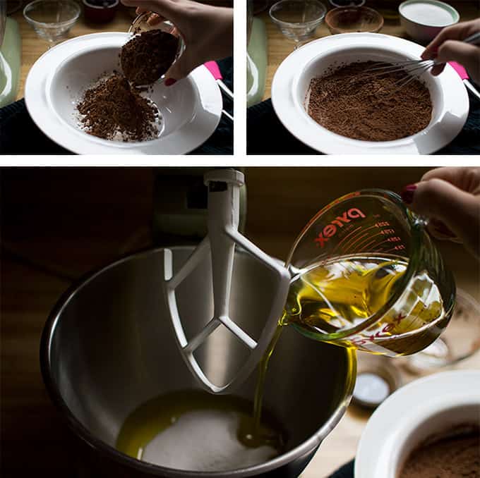 Collage of whisking cocoa powder in a bowl and olive oil being poured into a stand mixer.