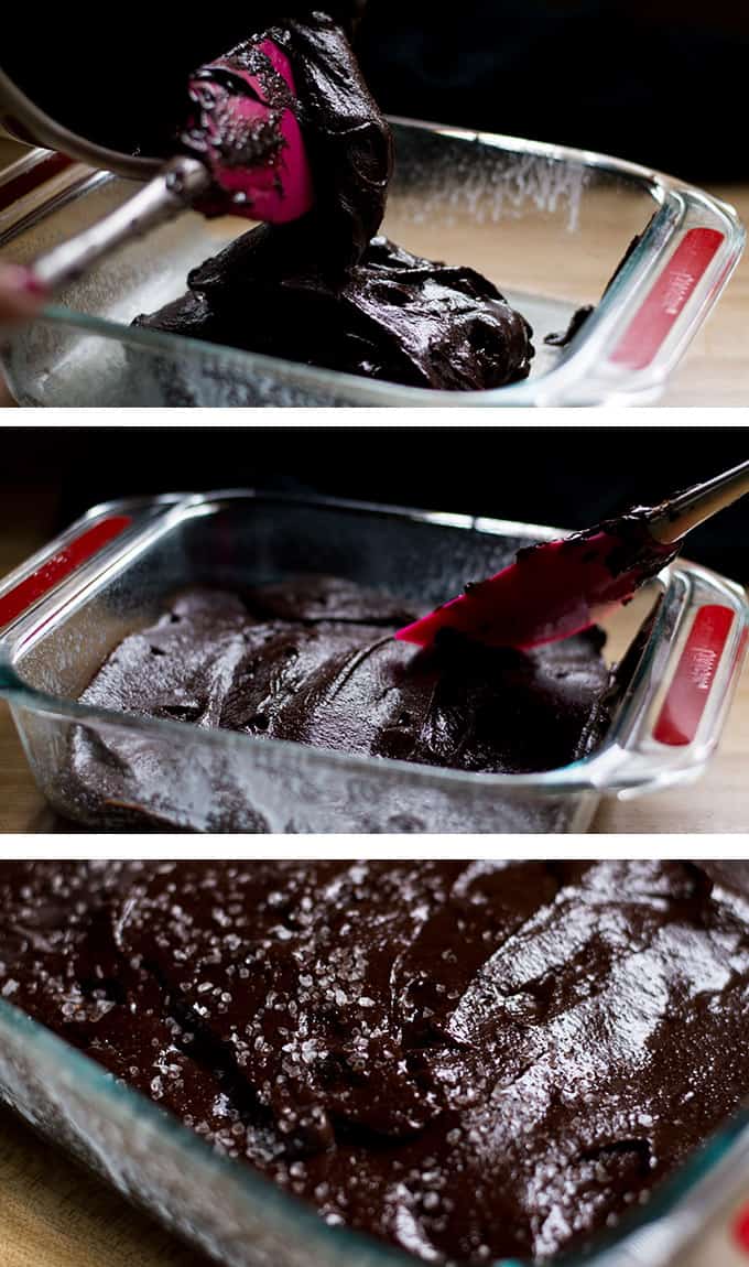 Collage of brownie batter being poured and spread in a baking pan.