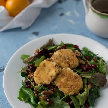 A plate of fried goat cheese salad.