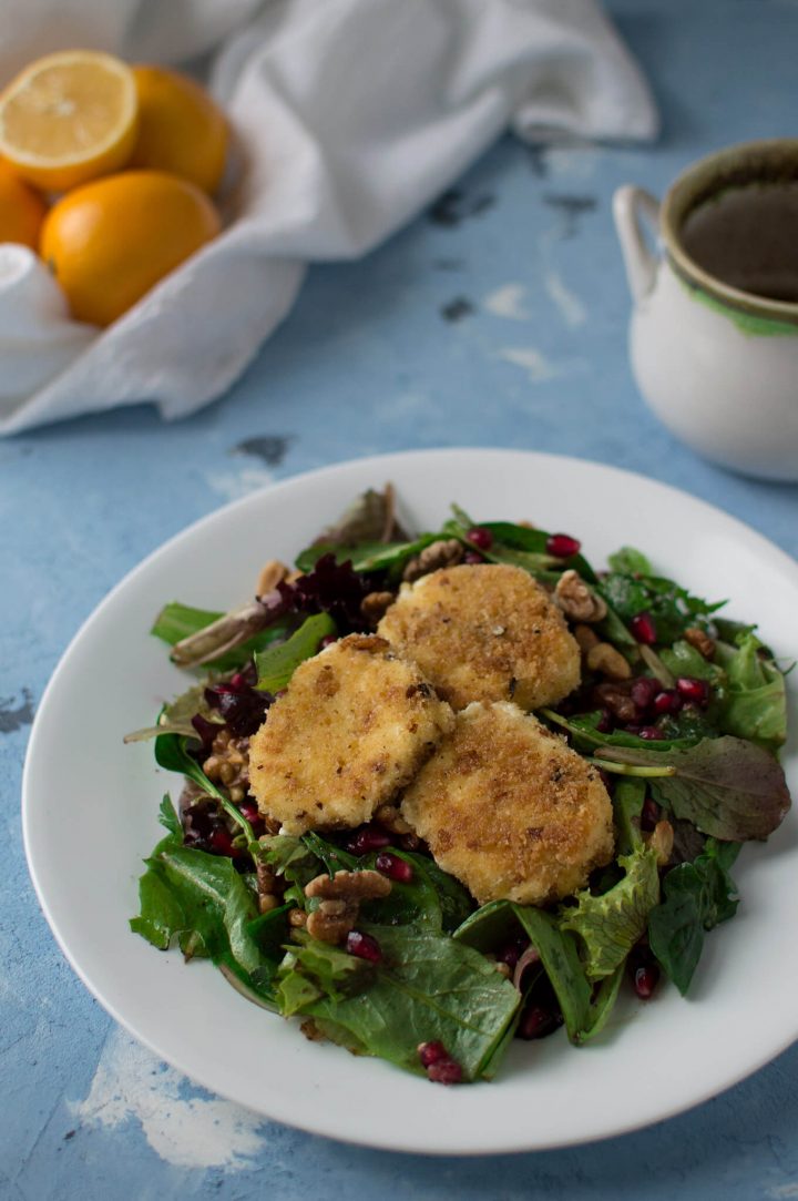 Fried Goat Cheese Salad with Pomegranates and Walnuts OMGfood