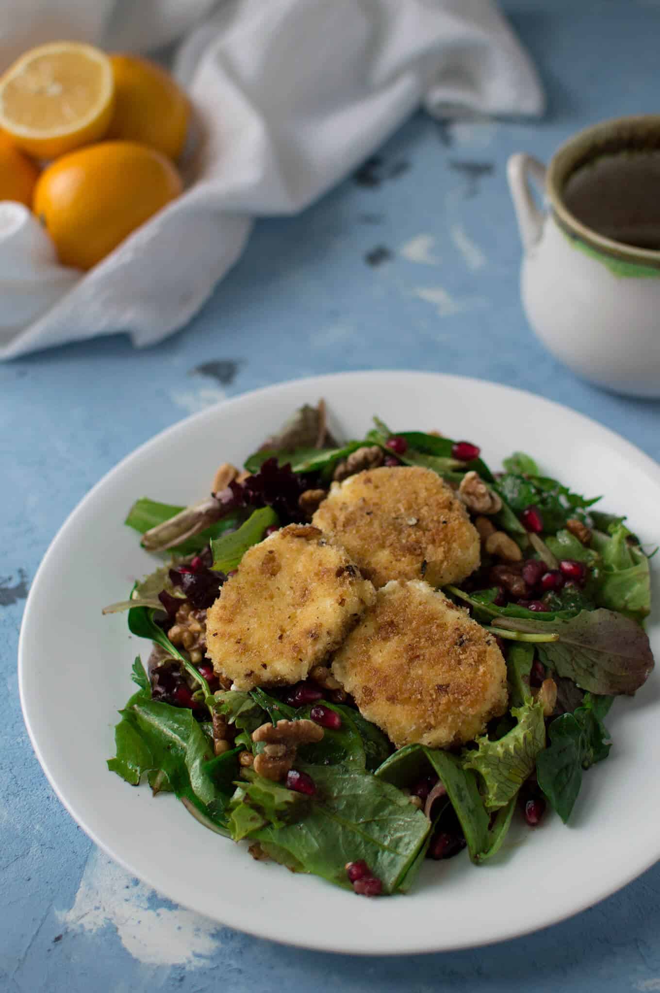 A plate of fried goat cheese salad.