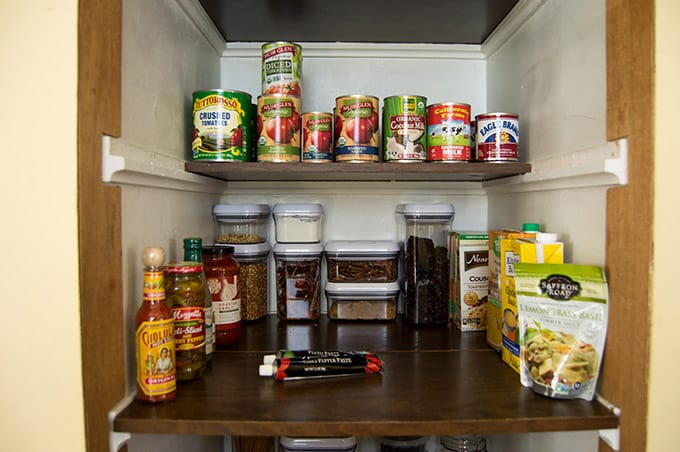 An organized pantry shelf.