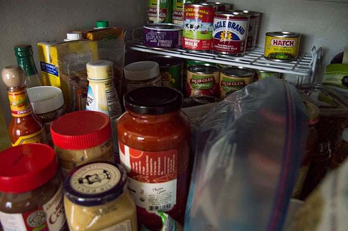 Closeup of pantry items on a shelf.