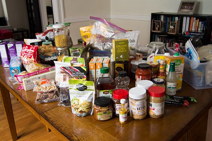 A table full of pantry items.