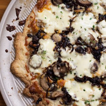 Close up of puff pastry pizza.