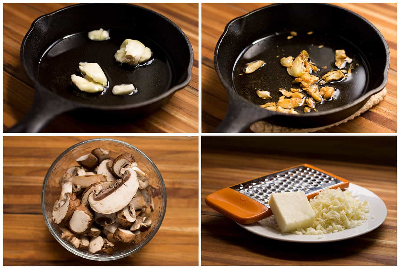 Collage of raw garlic, fried garlic, sliced mushrooms, and grated cheese.