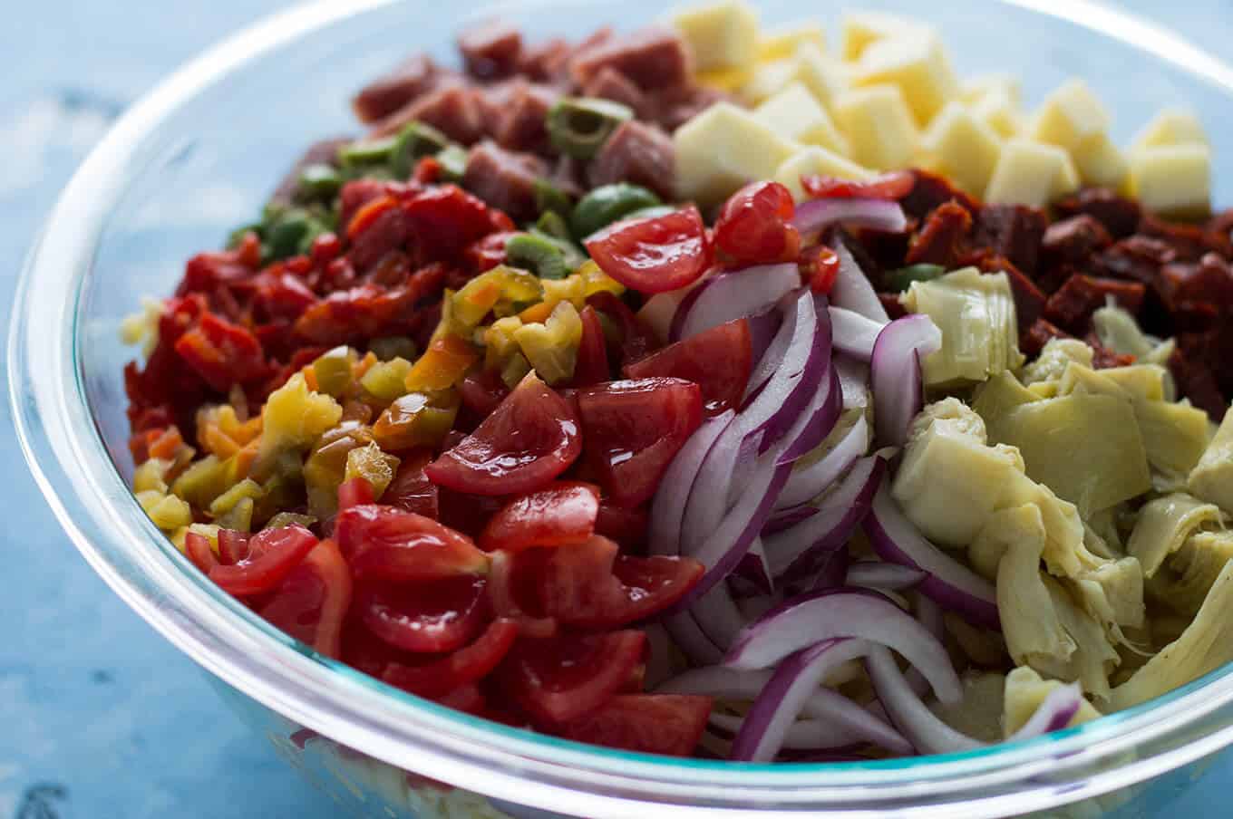 A composed bowl of pasta salad.