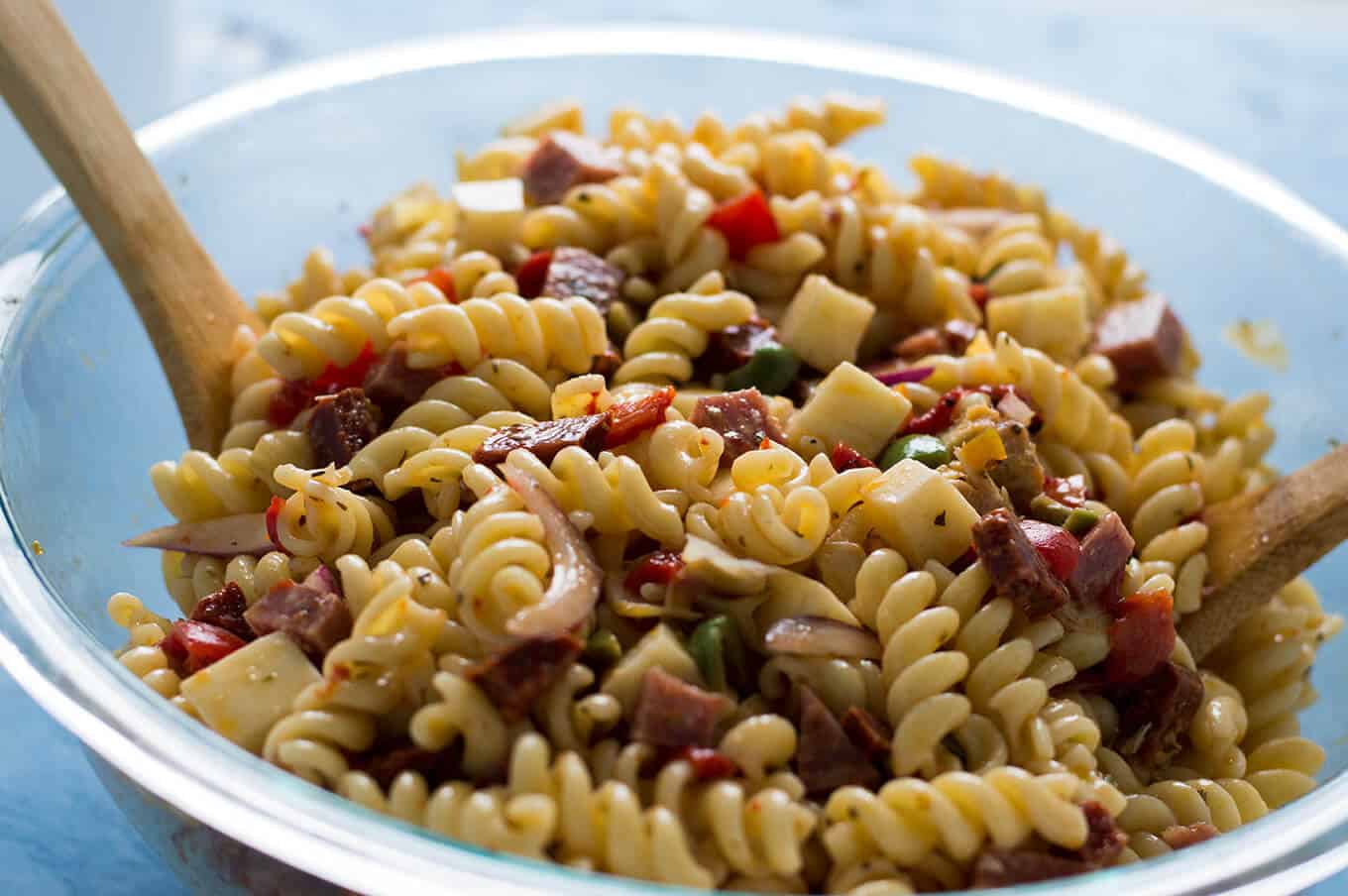 Close-up of pasta salad in a bowl.