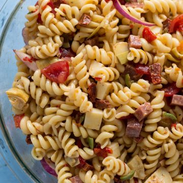 A bowl of pasta salad.