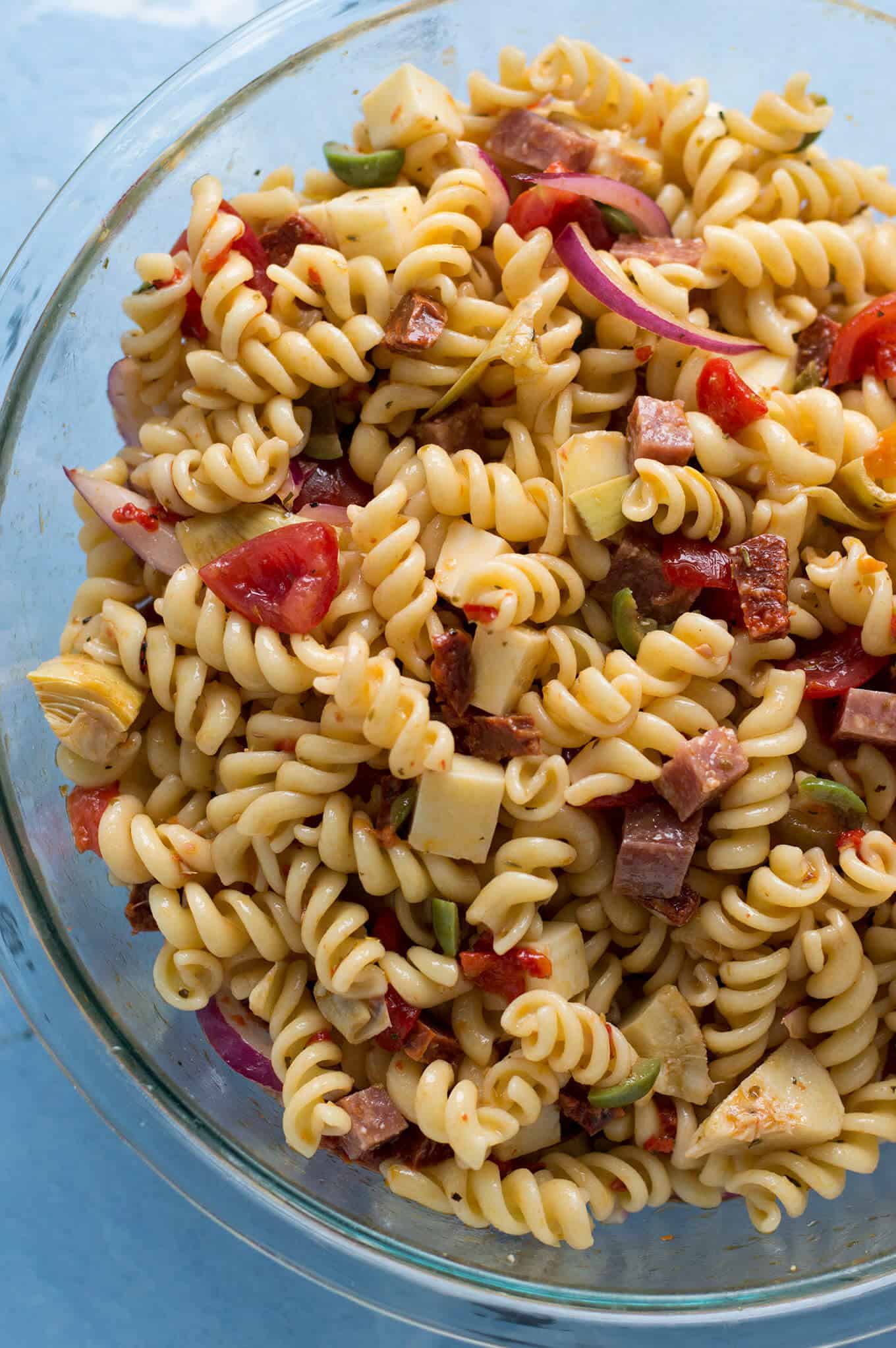 A bowl of pasta salad.